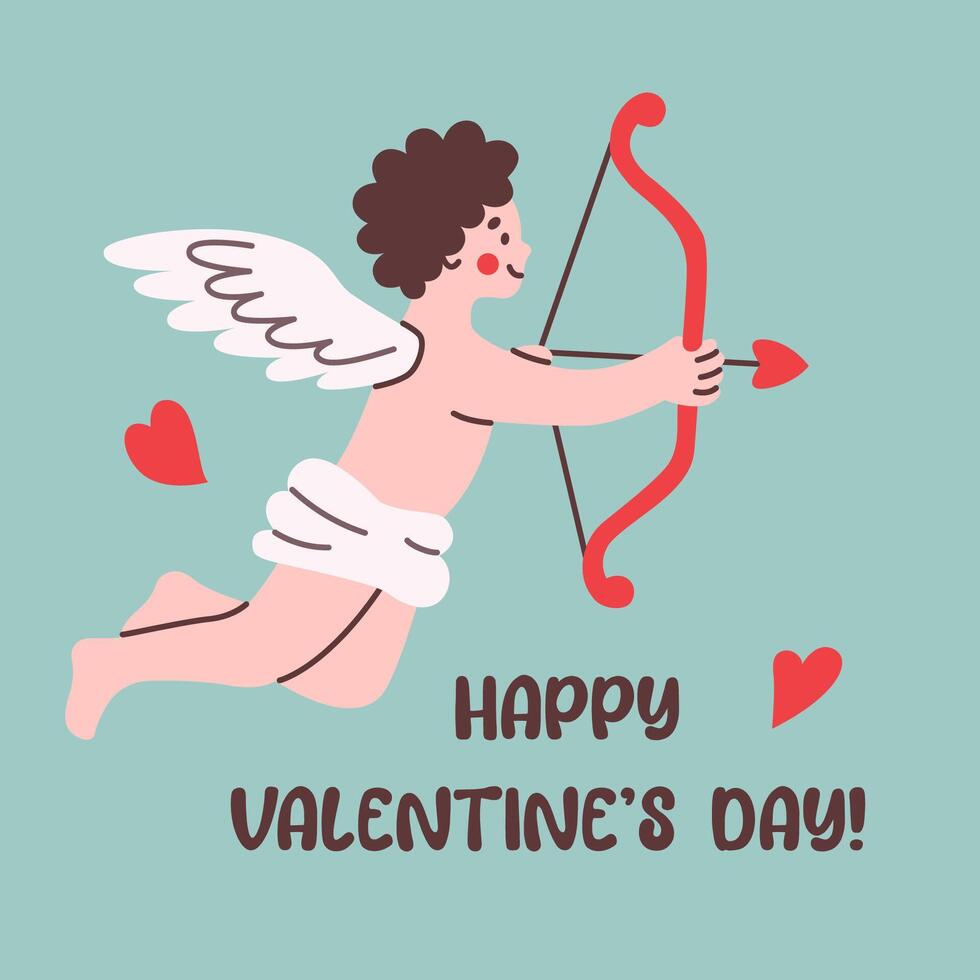 Flying cupid with bow and arrow, surrounded by hearts and Happy Valentine's Day text, in flat style. Perfect for Valentine's Day cards, posters, and social media designs. vector