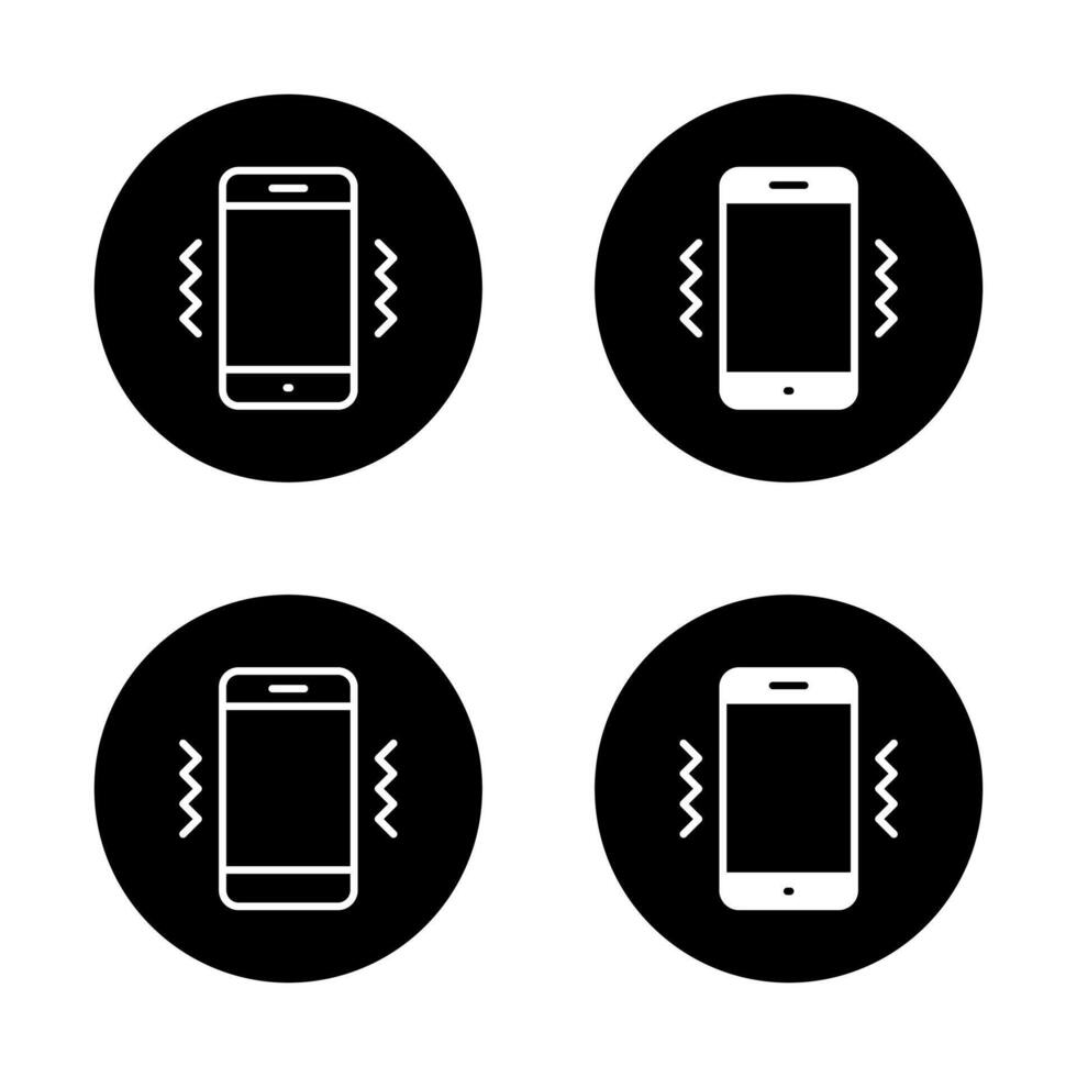 Phone vibration icon set on black circle. Vibrate sign symbol vector