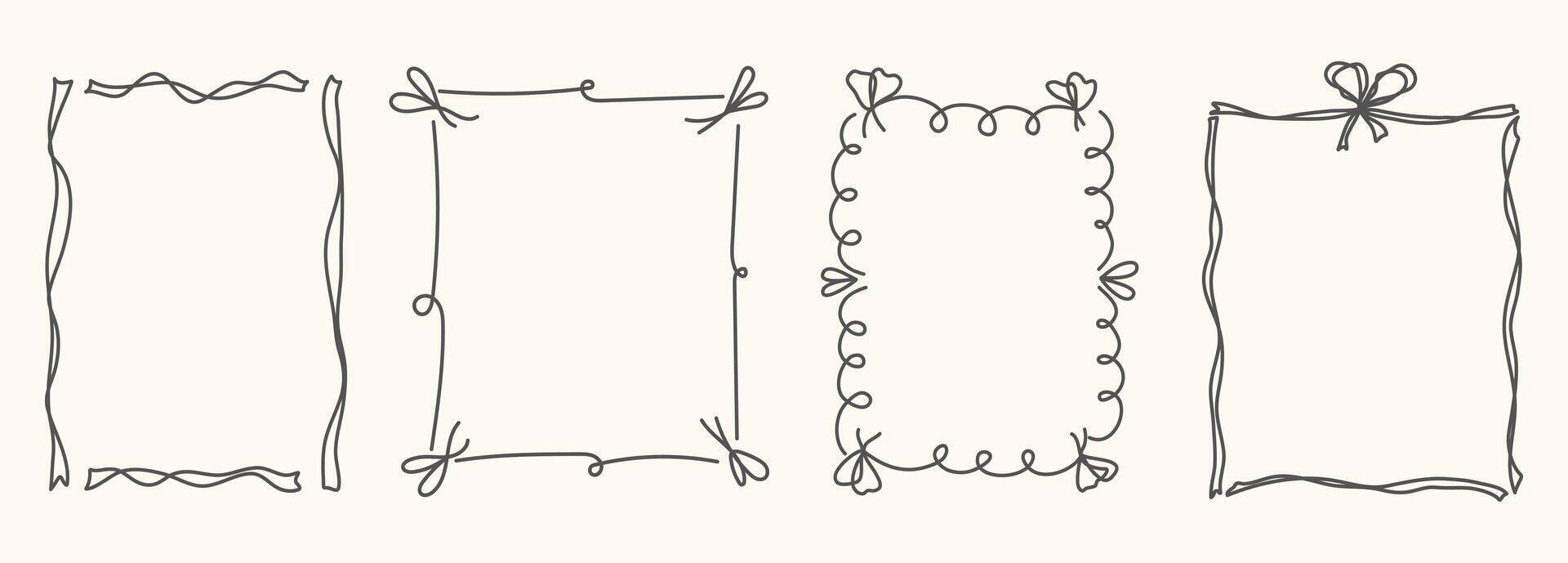 Whimsical Hand Drawn frame set with doodle bows, ribbons. Line borders for birthday, christmas, wedding Invitations. Coquette bow set. Vintage minimalist elements in trendy line art style. illu vector