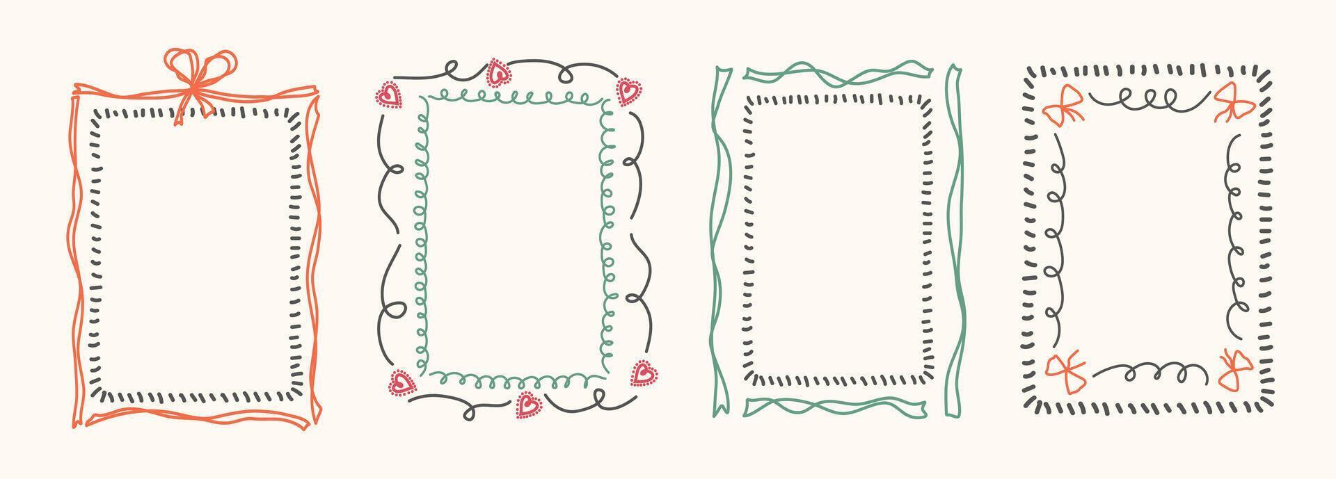 Hand Drawn frame set with doodle bows, ribbons. Whimsical line borders for birthday, christmas, wedding Invitations. Coquette bow set. Vintage minimalist elements in trendy line art style. illu vector