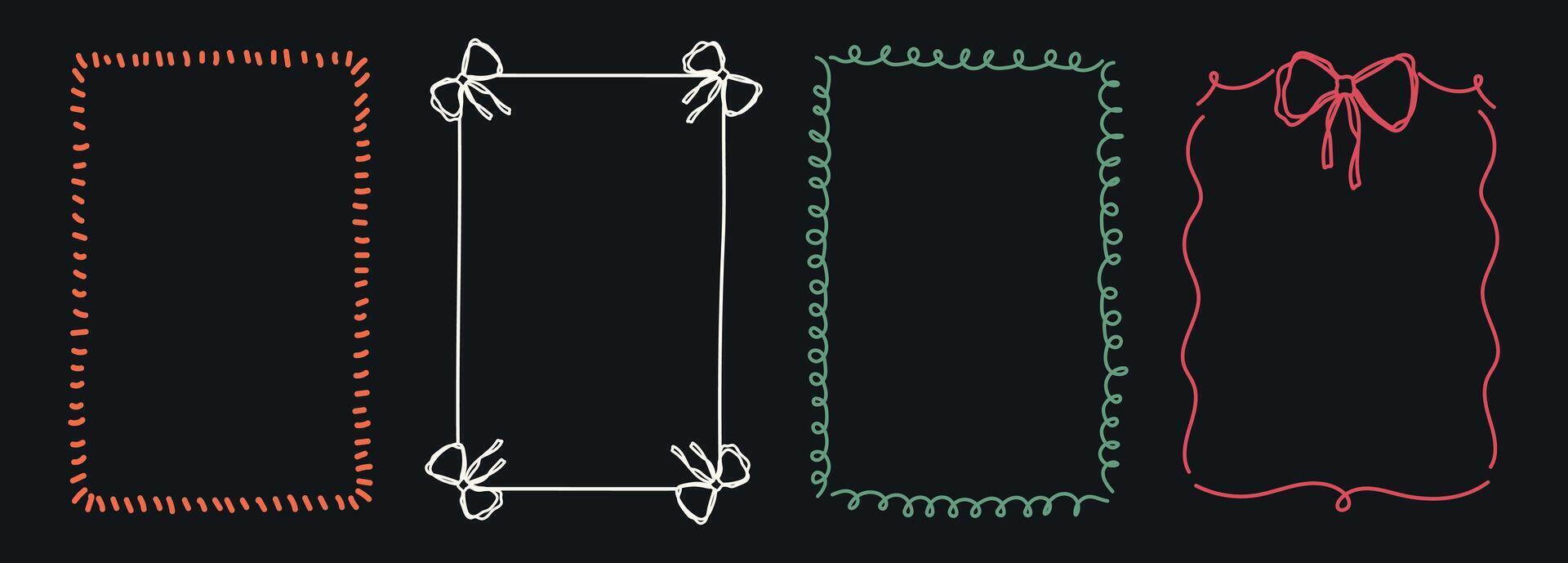 Hand Drawn frame set with coquette doodle bows, ribbons. Whimsical line borders for birthday, christmas, wedding Invitations. Vintage minimalist elements in trendy line art style. illustration vector