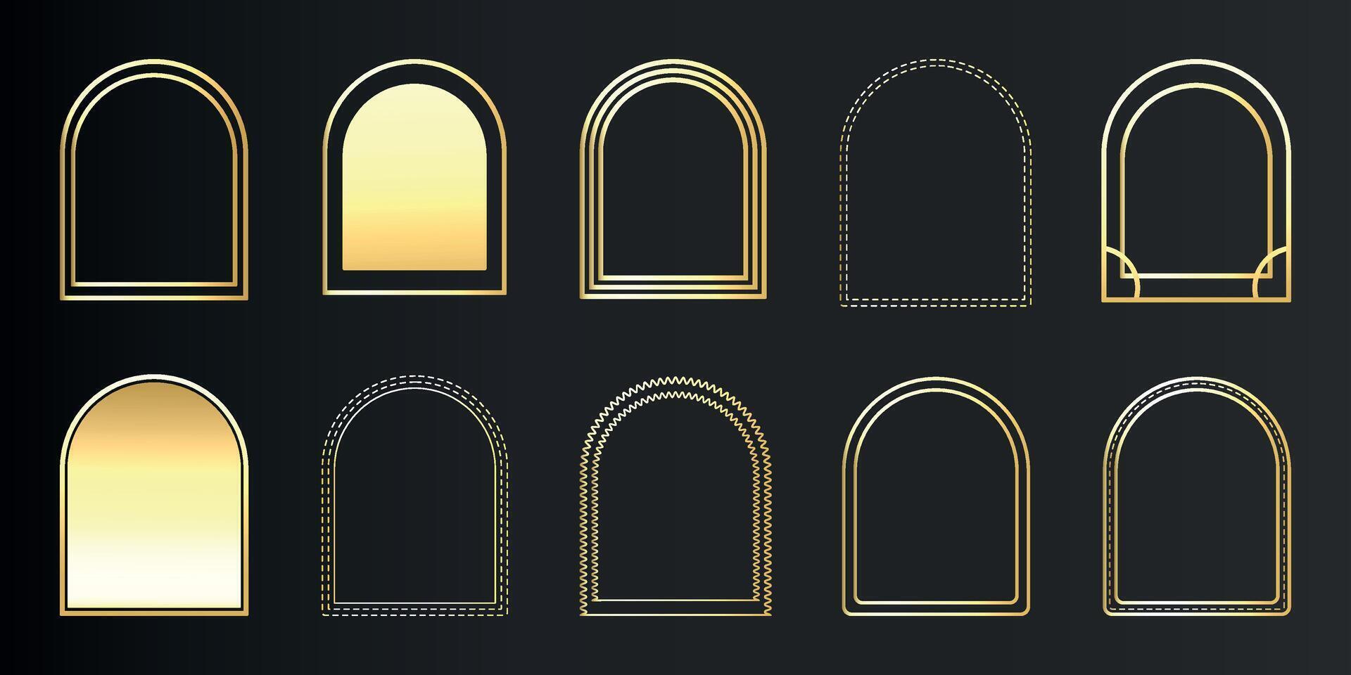 Luxury gold frame set in Islamic, art deco style. Golden premium arch on black background. Elements for vip cards, wedding invitation. Collection elegant geometric shape. Isolated illustration vector