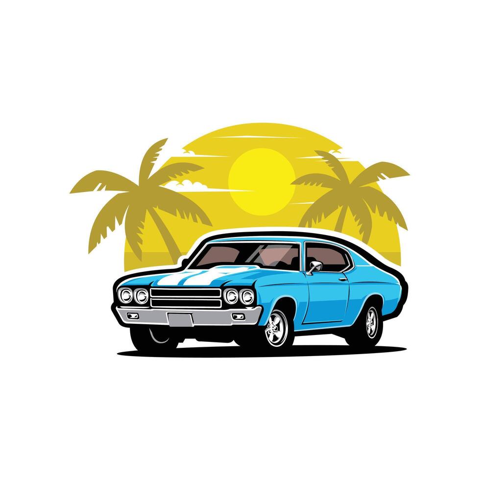 American Muscle Car in Beach Art Illustration. Classic Retro Sport Car in White Background vector