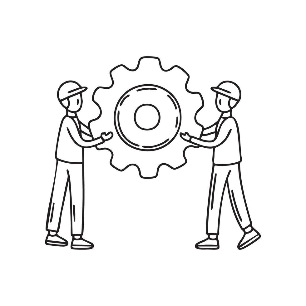 Doodle illustration of workers assembling large industrial gear parts in a factory vector