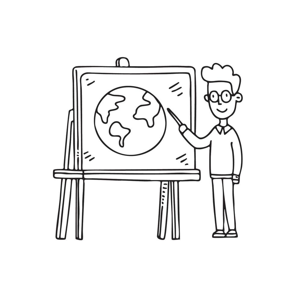 Doodle illustration of a teacher pointing at a globe in a lively classroom vector