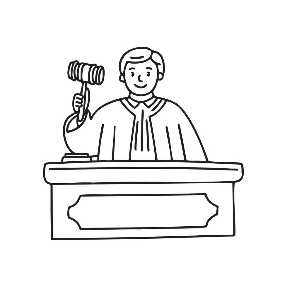 Doodle illustration of a judge striking a gavel in a busy courtroom vector