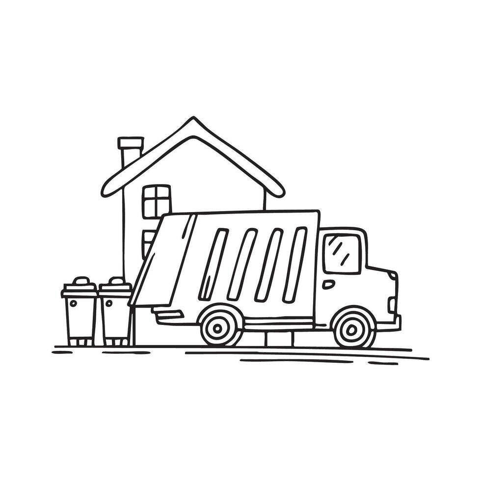 Doodle illustration of a garbage truck collecting trash bins on a residential street vector