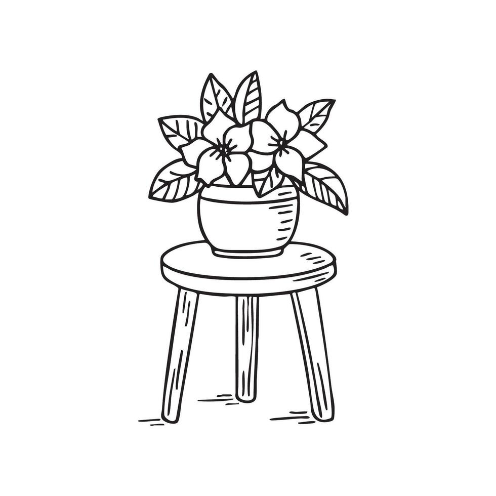 Doodle illustration of a blooming gardenia plant on a patio table vector
