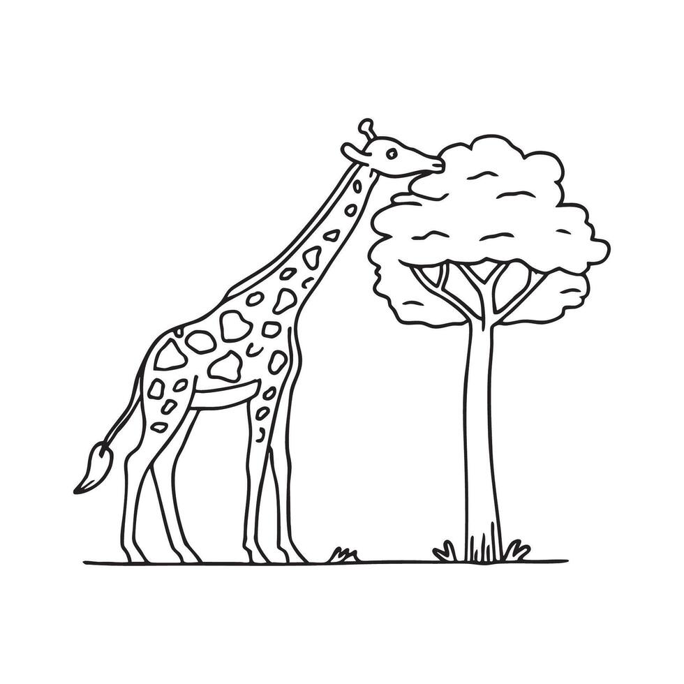 Doodle illustration of a giraffe stretching its neck to reach leaves in a wildlife park vector