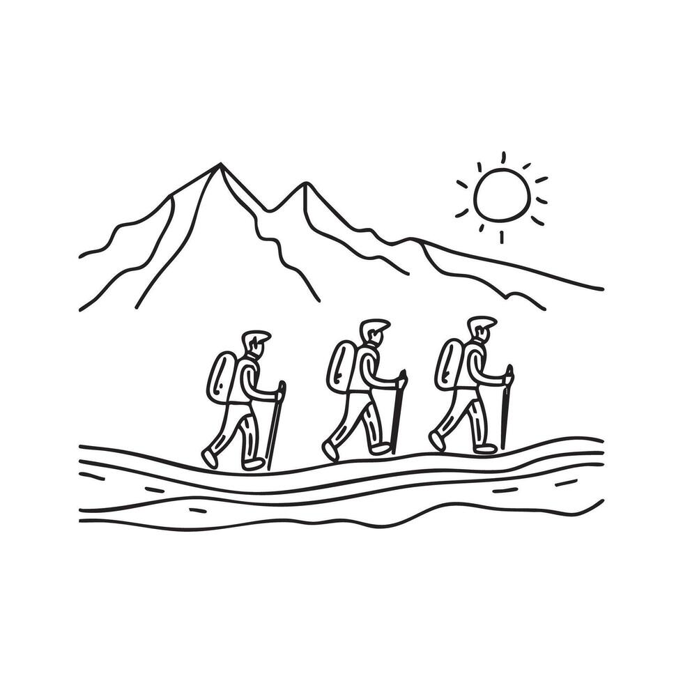 Doodle illustration of a group of hikers trekking across a massive glacier vector