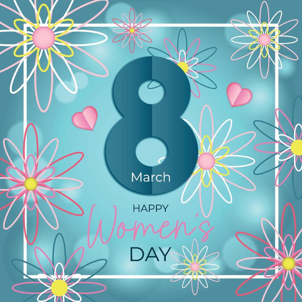 Greeting card for March 8 in paper style with bokeh effect vector