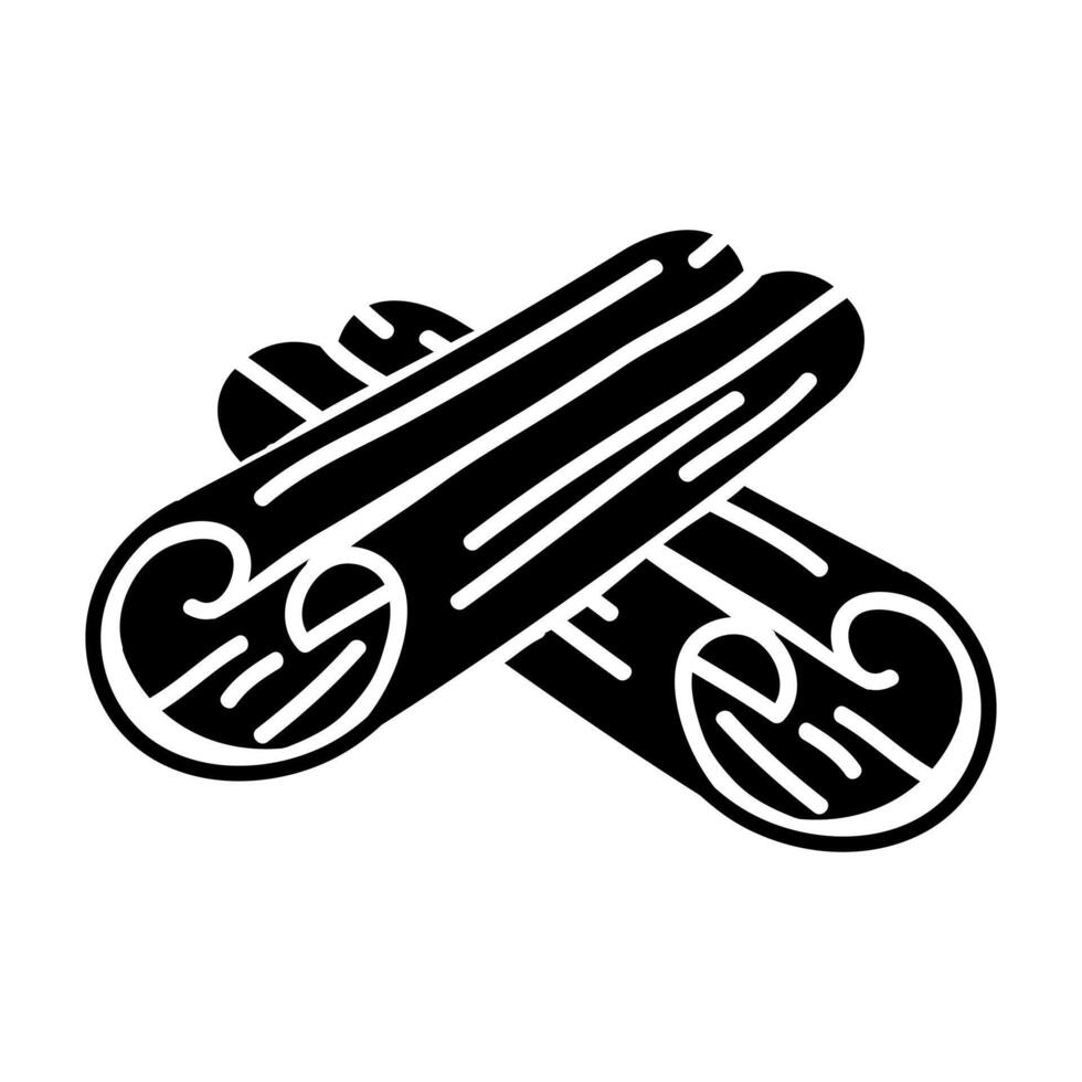 A hand-drawn silhouette of a cinnamon stick. The flat silhouette of cinnamon two sticks. An isolated illustration. Black and white. Fragrant sticks on white. Contrast of Christmas flowers vector