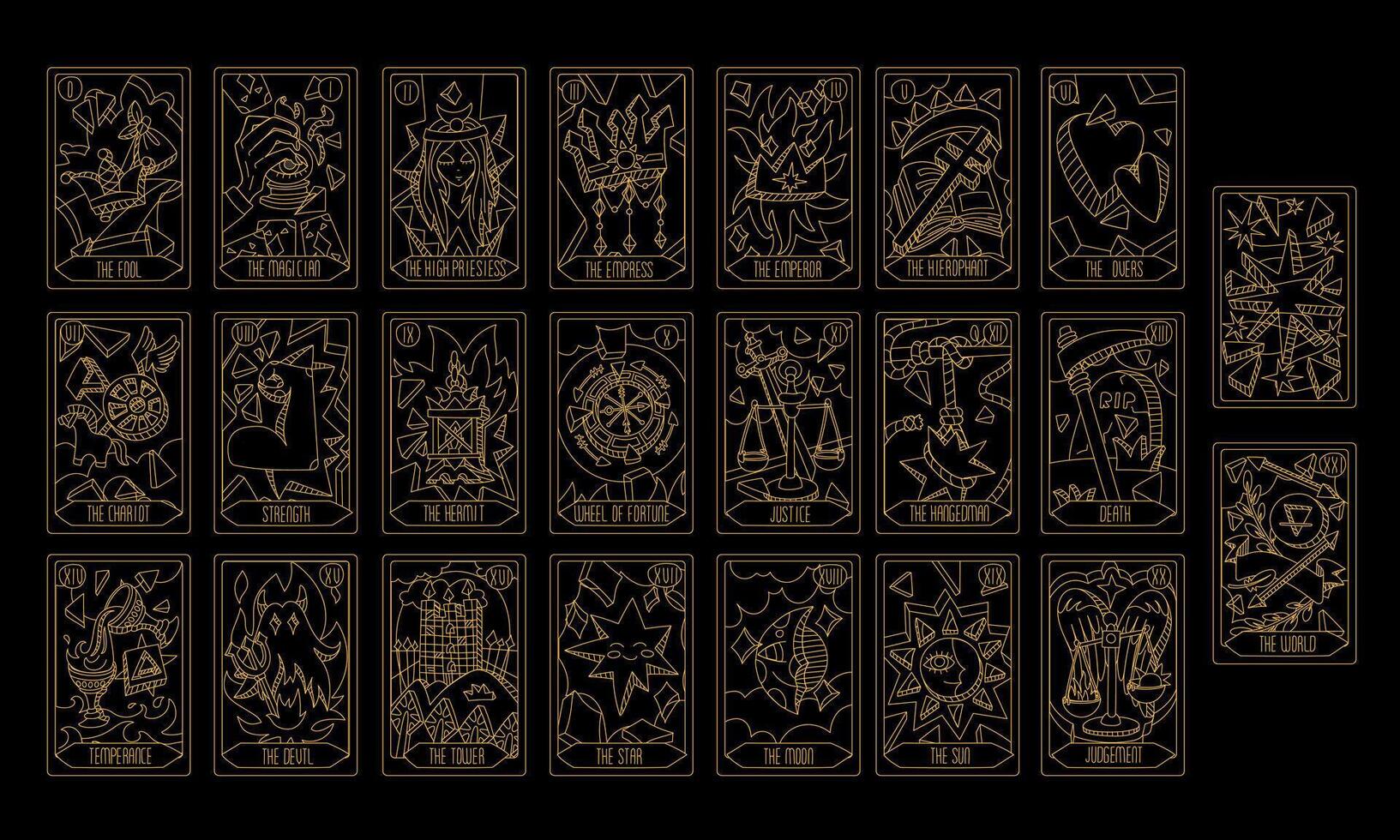 deck of Tarot cards, a golden outline on dark. Part of the set of senior arcana. Handmade with engraving. Occult, alchemical symbolism. Fool, magician, high priestess, Empress, Emperor, lovers vector