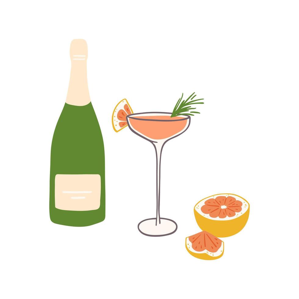 Hand drawn mimosa cocktail and ingredients composition. Bottle of champagne and grapefruit. Design for bar menu, New Year party, stickers or alcohol cook book recipe vector