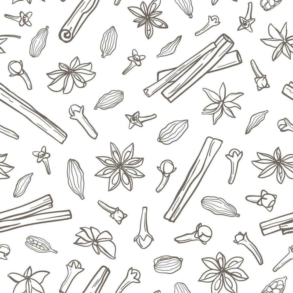 Hand drawn monochrome cinnamon, star anise, cardamom and clove seamless pattern. Design for fabric, home textile, wrapping paper, packaging vector