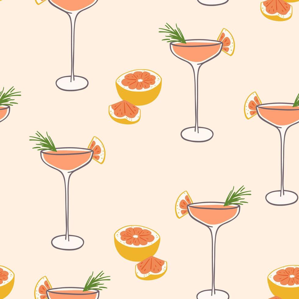 Hand drawn mimosa cocktail and grapefruit seamless pattern. Design for fabric, home textile, festive decoration, wrapping paper, gift paper vector