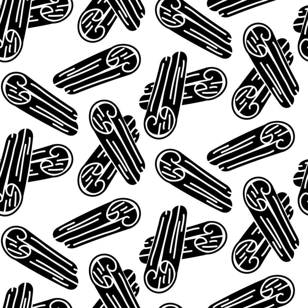 A pattern with a black contour silhouette of spices, cinnamon sticks, repeating patterns. A Christmas-themed spice dressing. The texture is a contrasting illustration. Packaging with seasonings vector