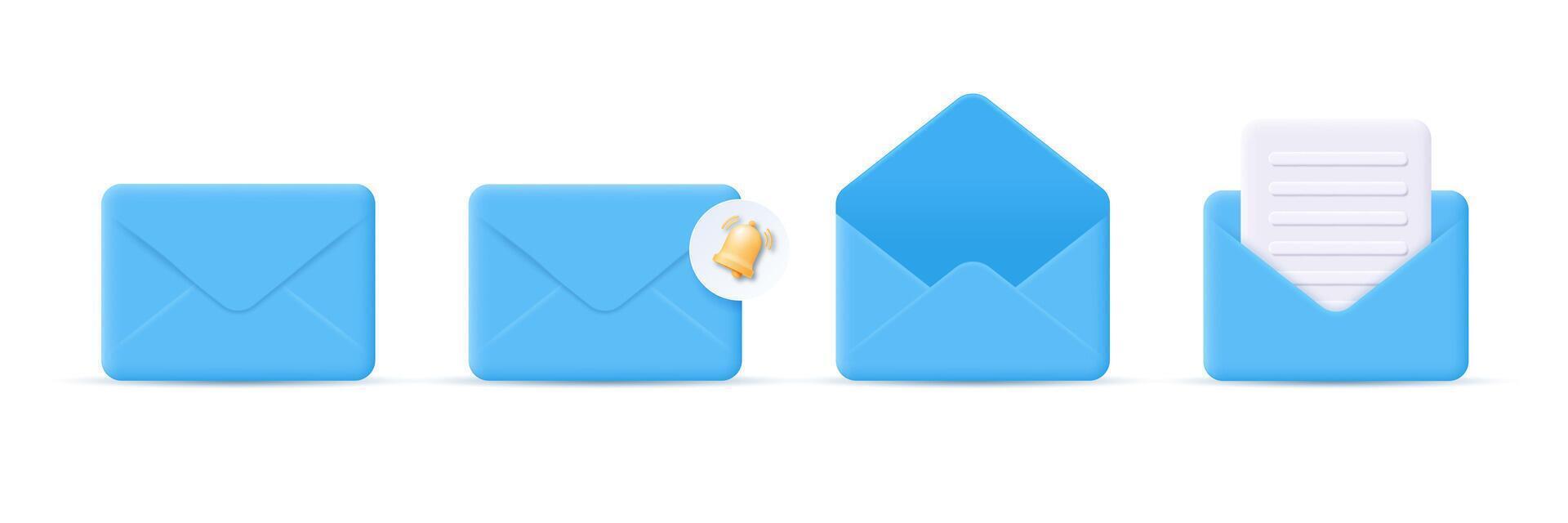 Set of icons of mail envelope in 3D style. Folded and unfolded envelope layout with documents and notification. Electronic and classic mail. vector