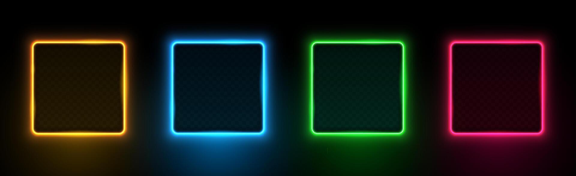 Collection of neon glowing square frames. Glowing frame. Orange, blue, green and red LED fluorescent lasers isolated on black background. vector