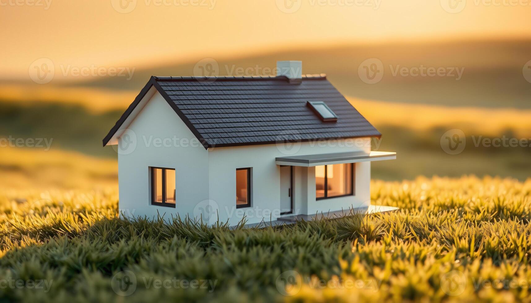 Minimal and modern house model on grass, bathed in sunlight, Representing the future home ownership and real estate investment photo