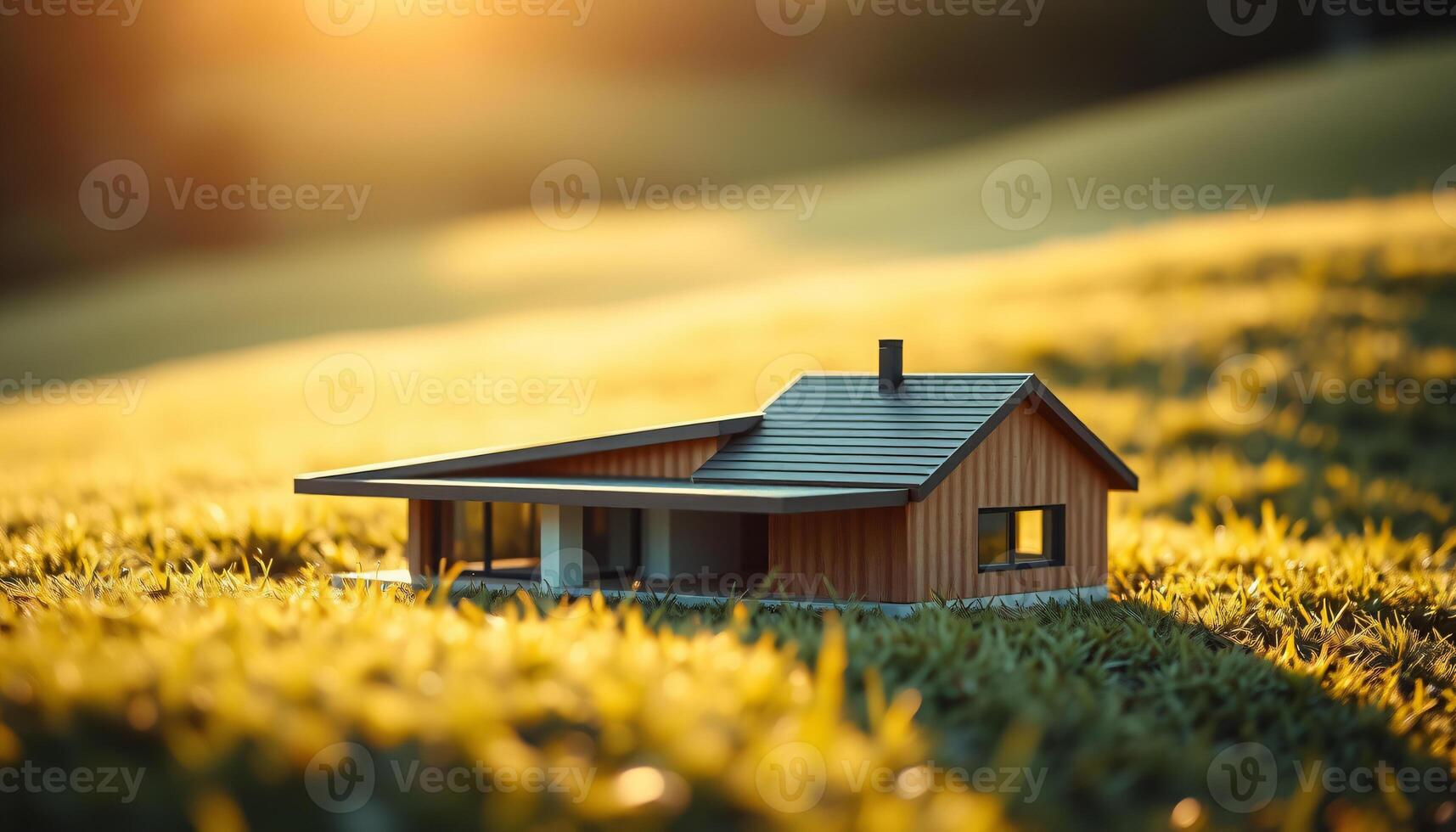 Modern and minimal house model on grass, Representing home ownership and real estate concept photo