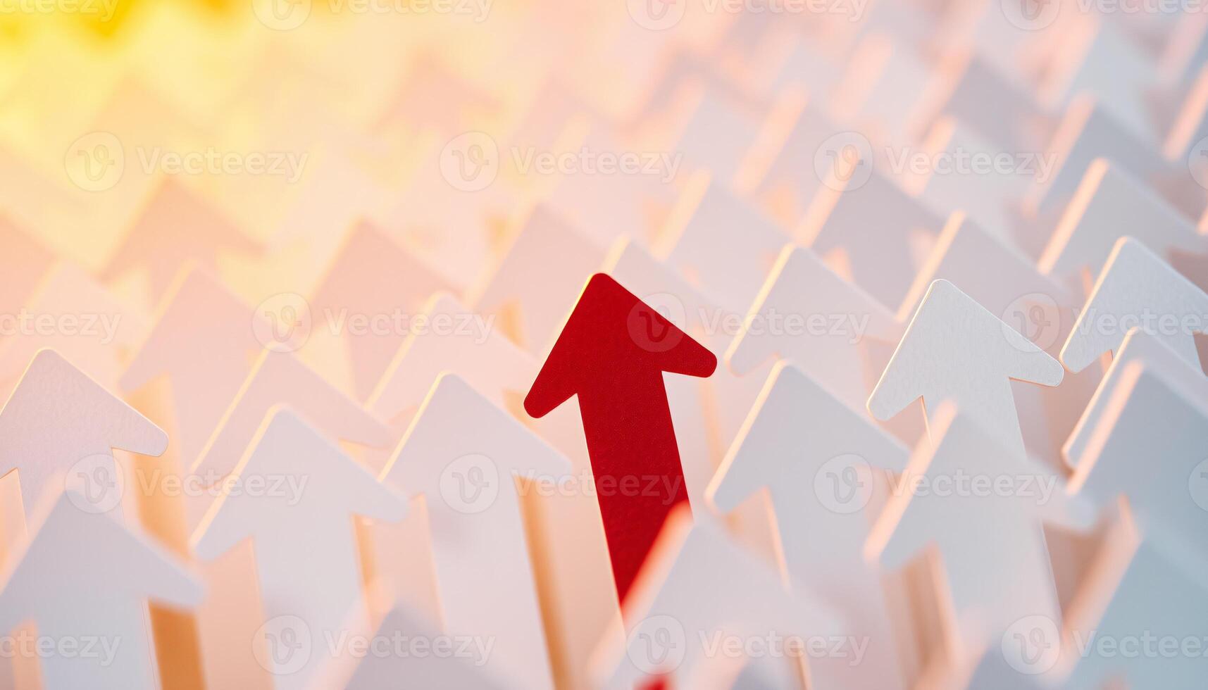 A red arrow up surrounded by white arrows, Business concept for new ideas creativity and innovative solution photo