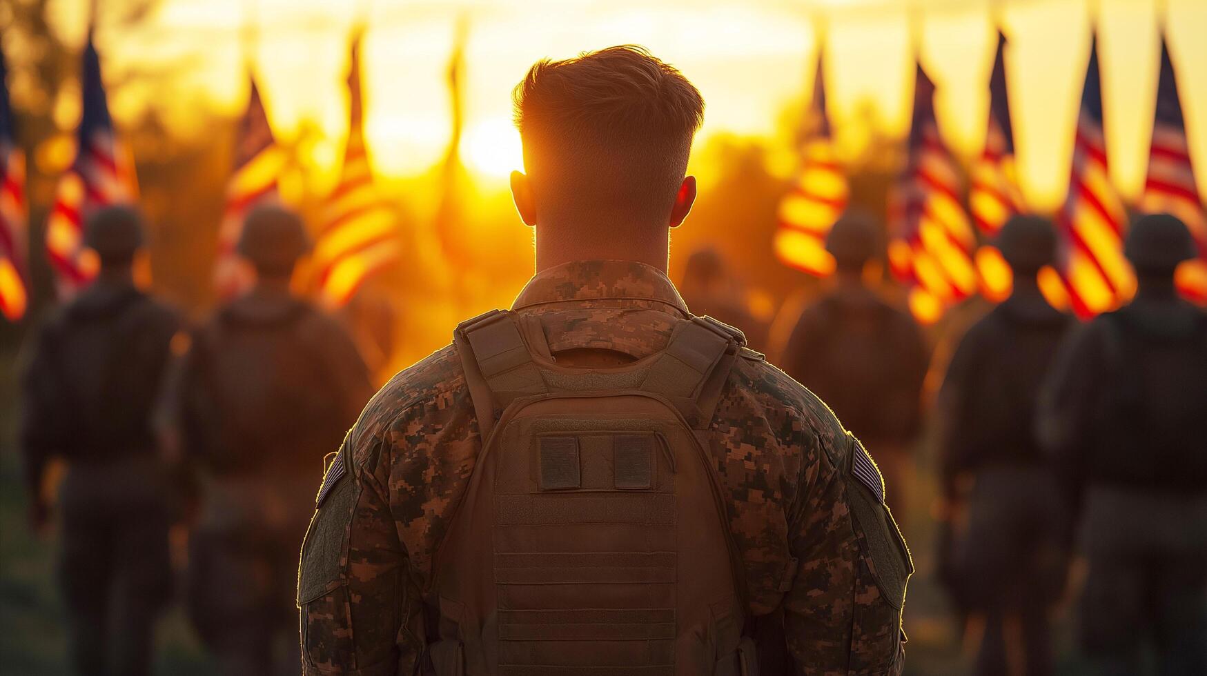 A soldier stands with his back to the camera, facing flags at sunrise, symbolizing patriotism and military service. photo