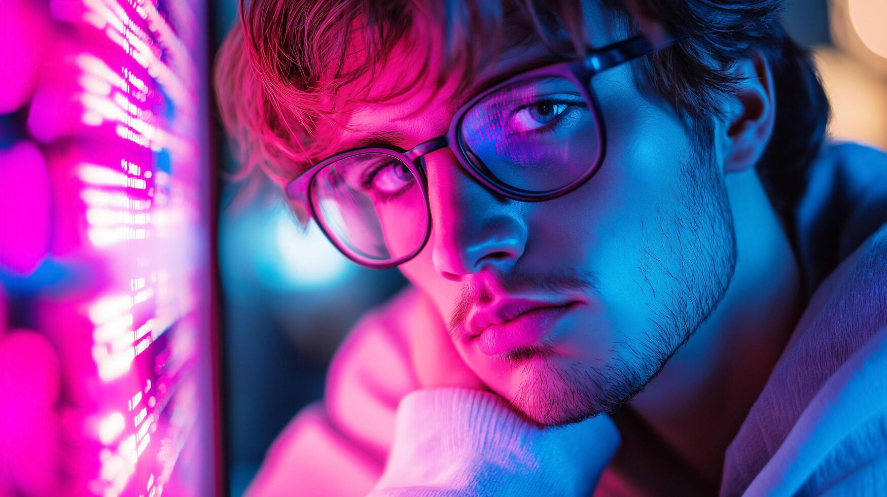 A young man in glasses illuminated by neon pink and blue lights, reflecting a futuristic and creative atmosphere. photo