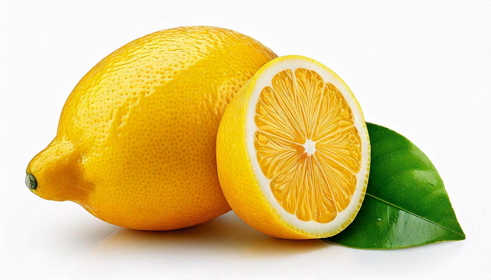 Lemon on white background. Isolated lemon. Half lemon. Lemon with leaf. photo
