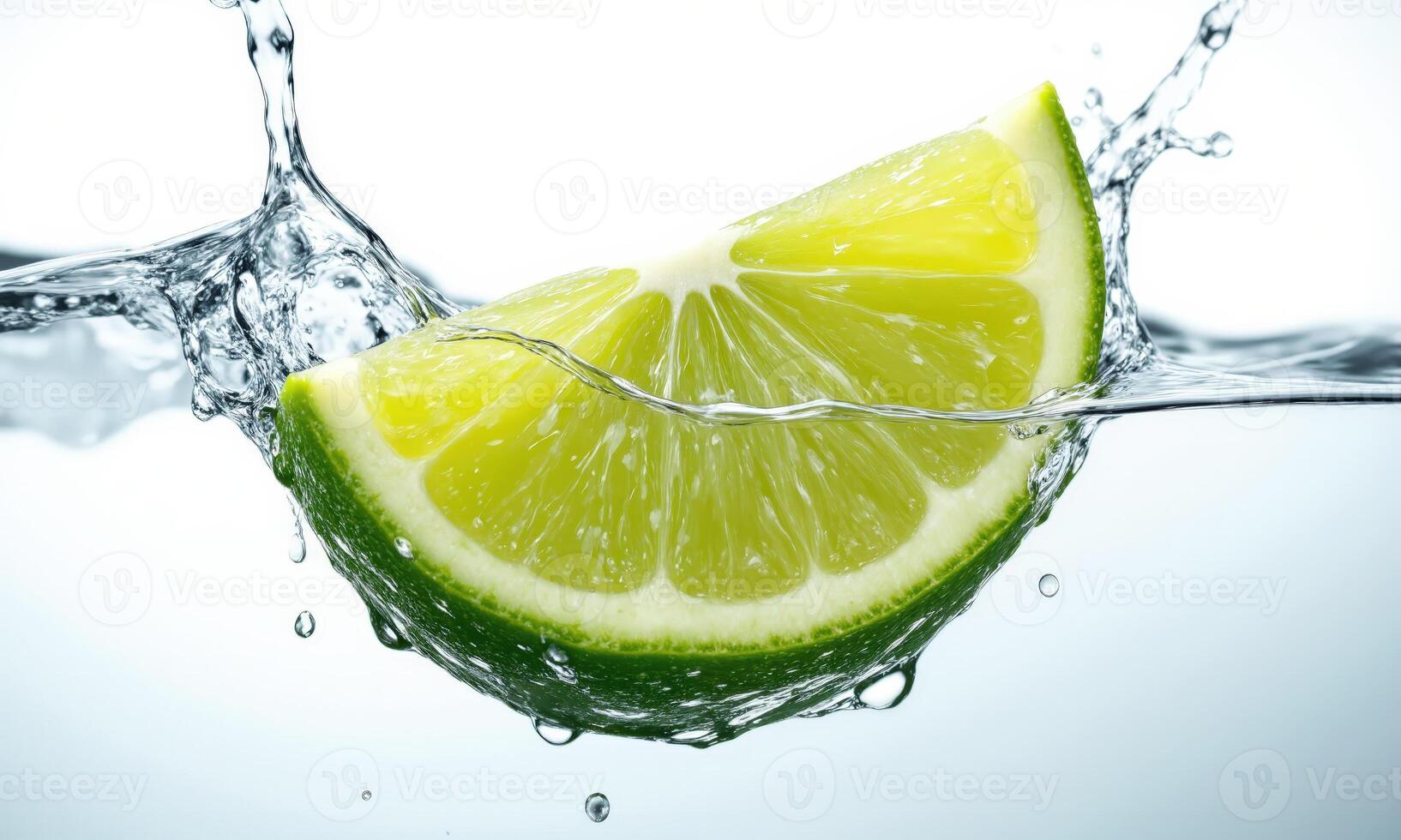 A juicy green lime wedge splashing into sparkling water, sharp freeze-frame droplets and waves suspended in motion, translucent pulp glowing photo