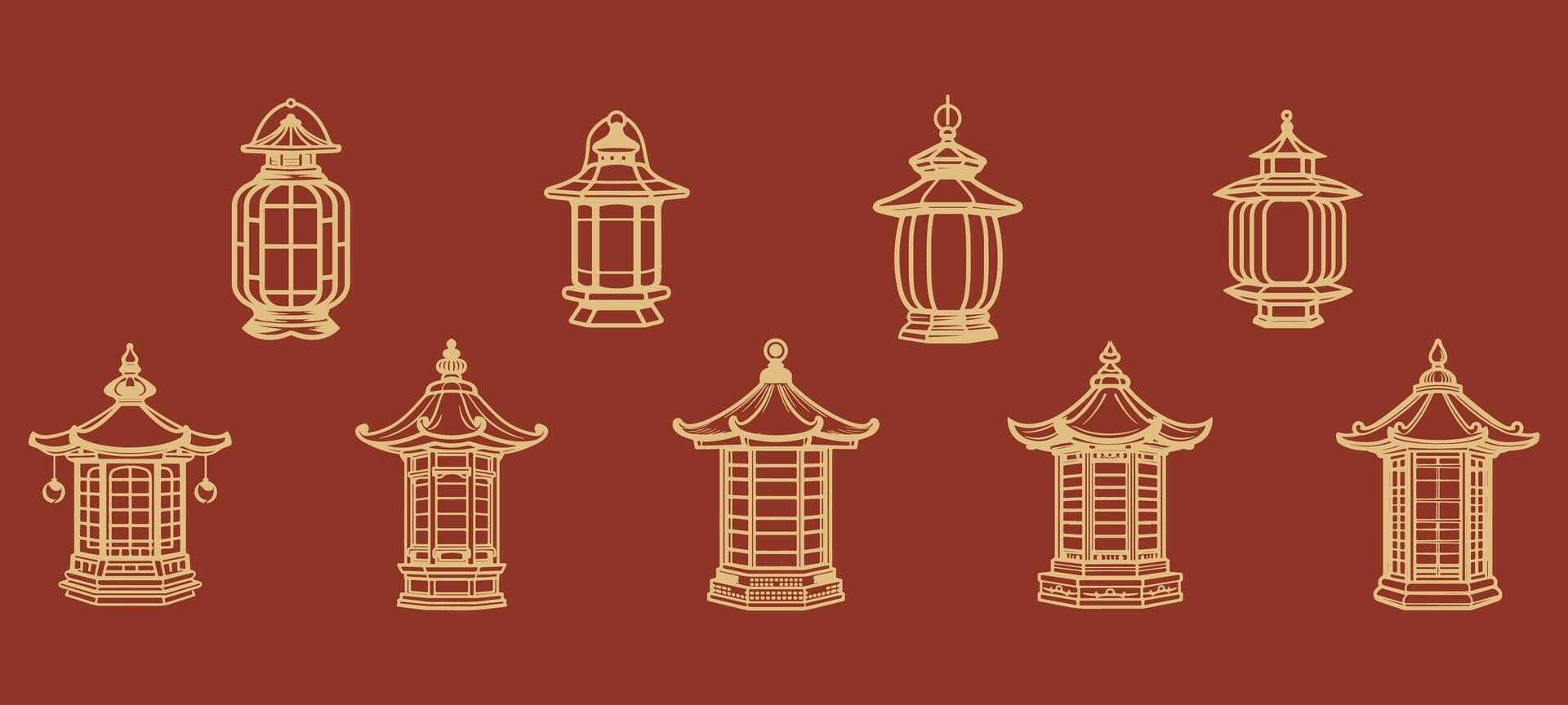 set of line art of ancient chinese pagoda lantern. isolated on a background. eps 10 vector