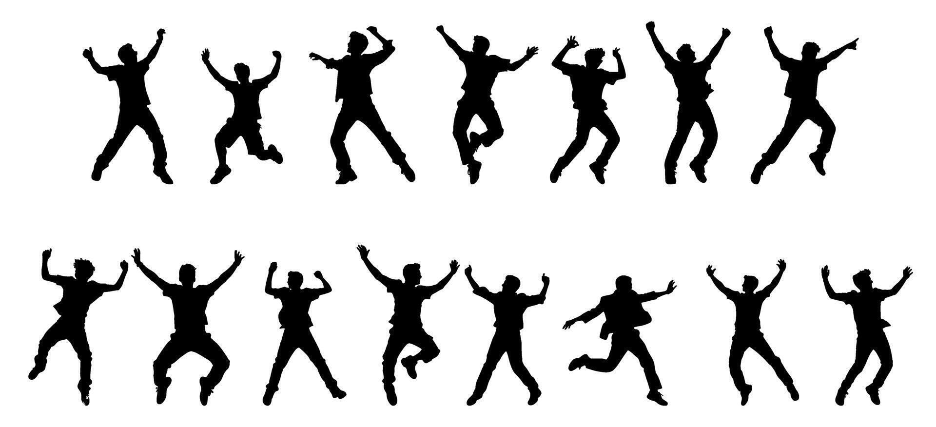set of silhouettes of people happy vibes. man jumping and dancing. isolated on a white background. vector
