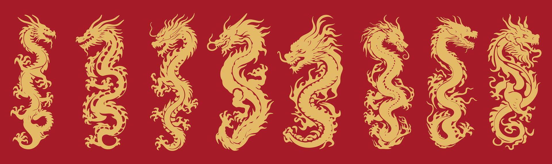 set of illustration of chinese traditional ancient dragon in a gold color isolated on a red background vector