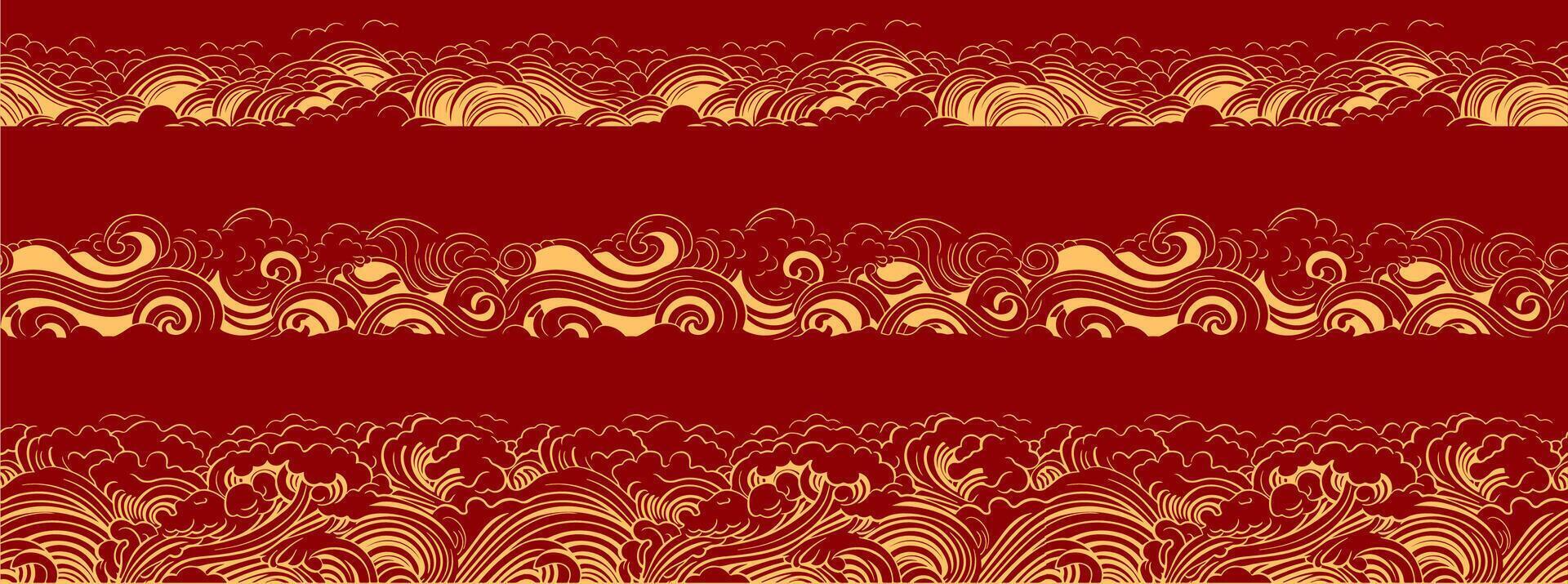 set of chinese wave element. asian border isolated on a red background. vector