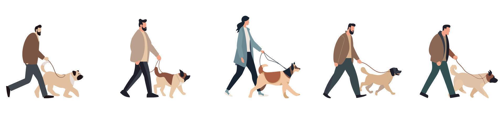 people walk a dog. set of illustration cartoon man woman walking a dog. isolated on a white background. eps 10 vector