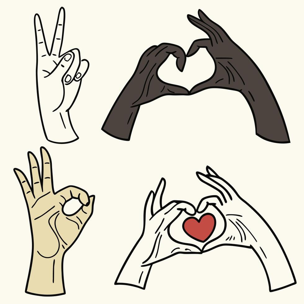 Hand gestures with heart and peace sign vector