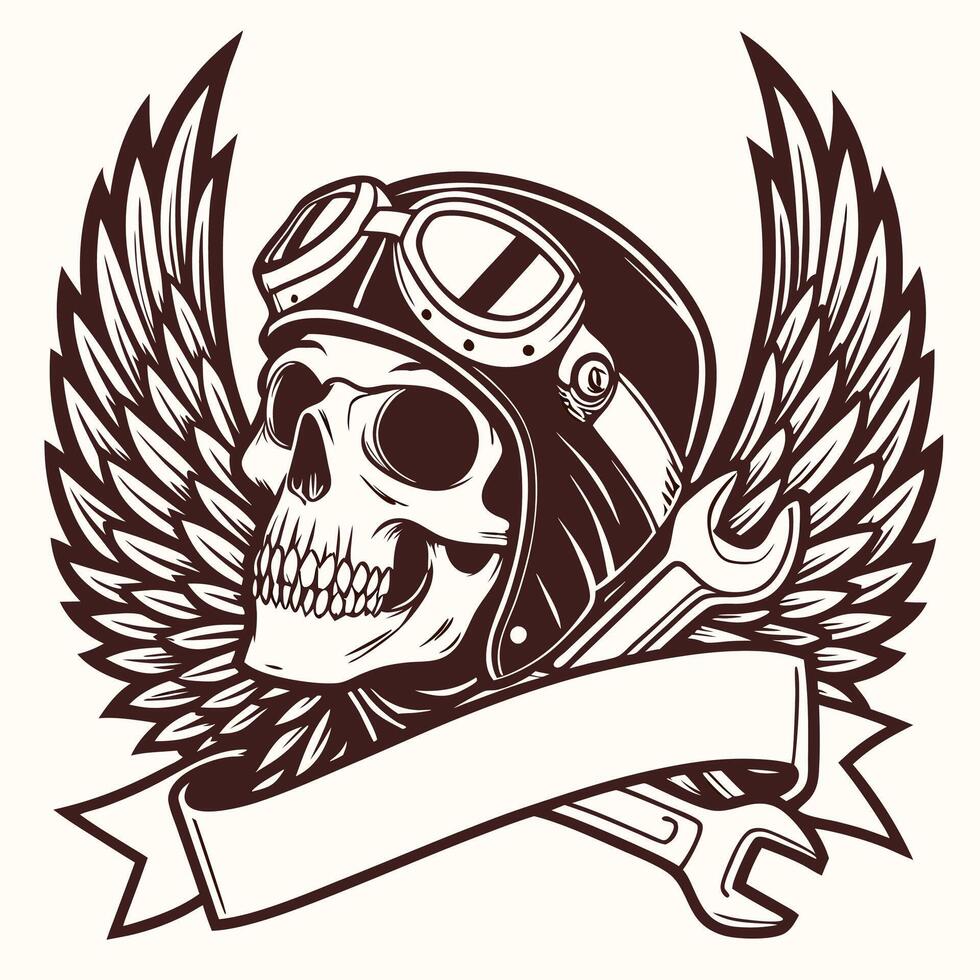 Skull in helmet with wings and ribbon vector