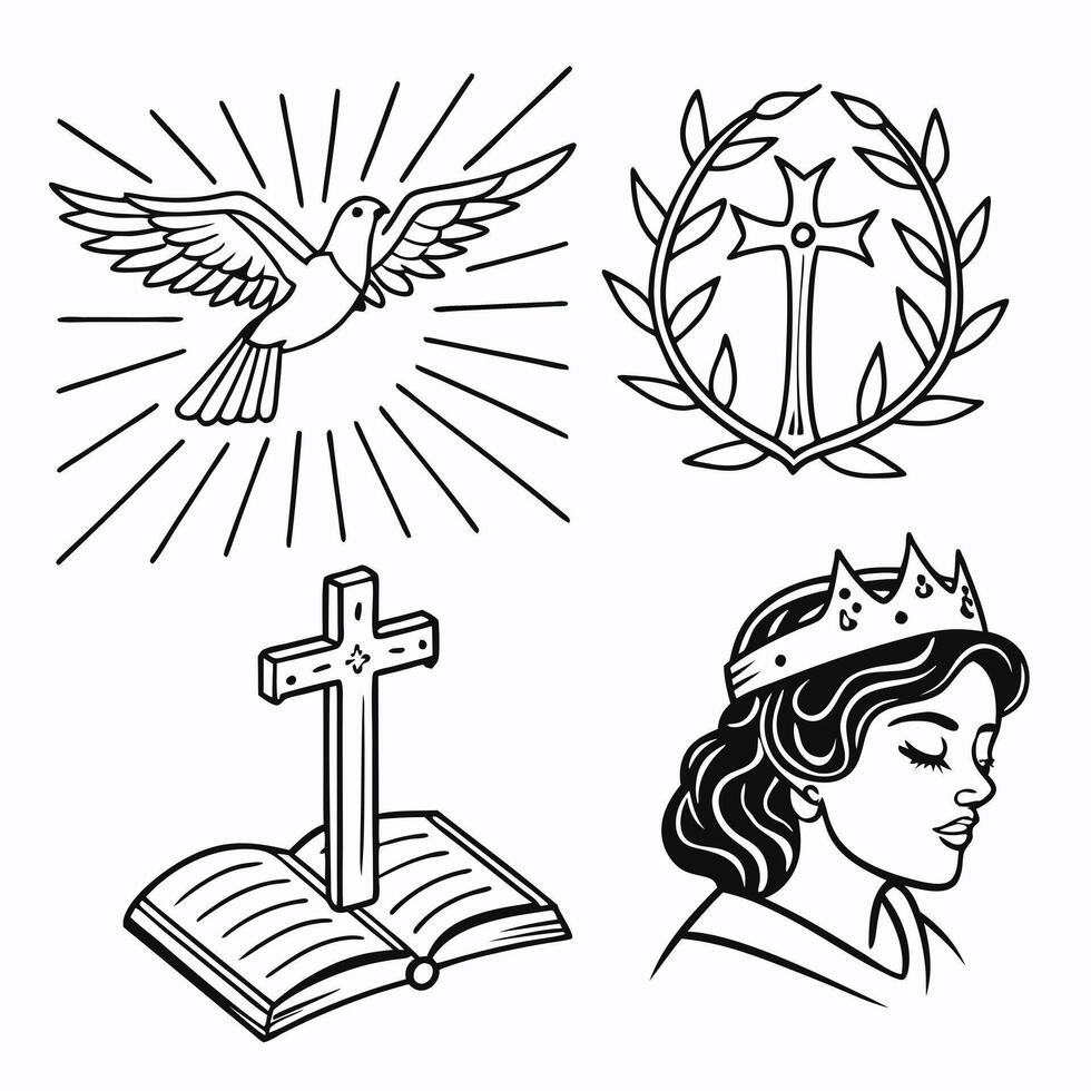 A set of religious symbols including a crown, a dove, and a cross vector