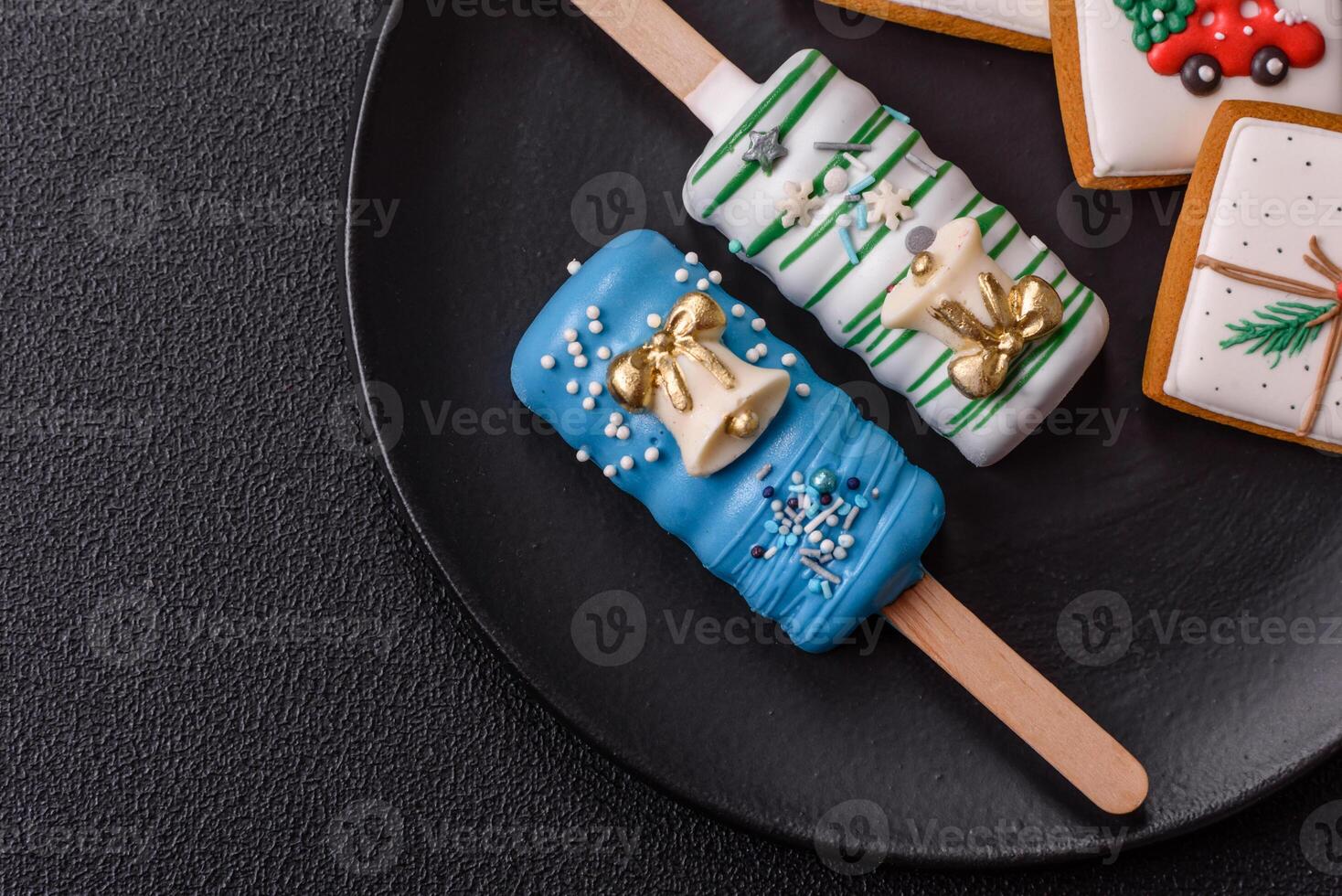 Natural popsicle ice cream on a stick in the style of Christmas photo