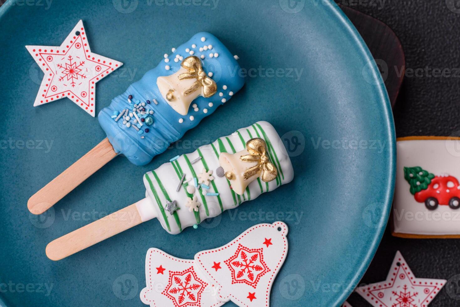Natural popsicle ice cream on a stick in the style of Christmas photo