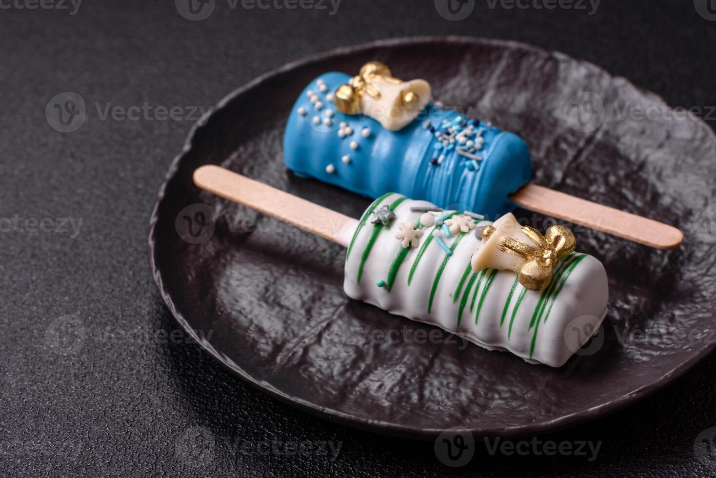 Natural popsicle ice cream on a stick in the style of Christmas photo