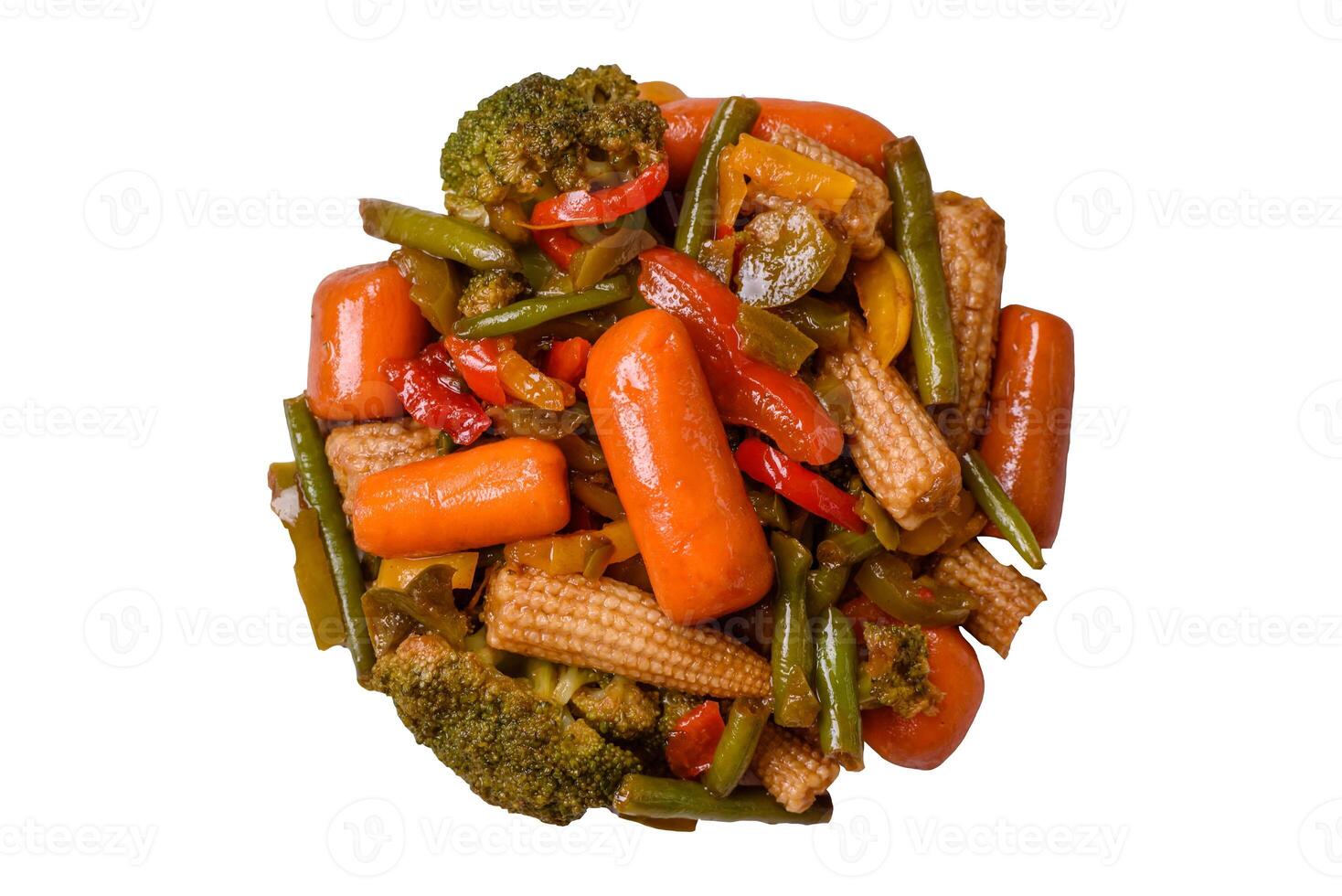 Mix of vegetables corn, carrots, peppers, broccoli, onions in teriyaki sauce photo