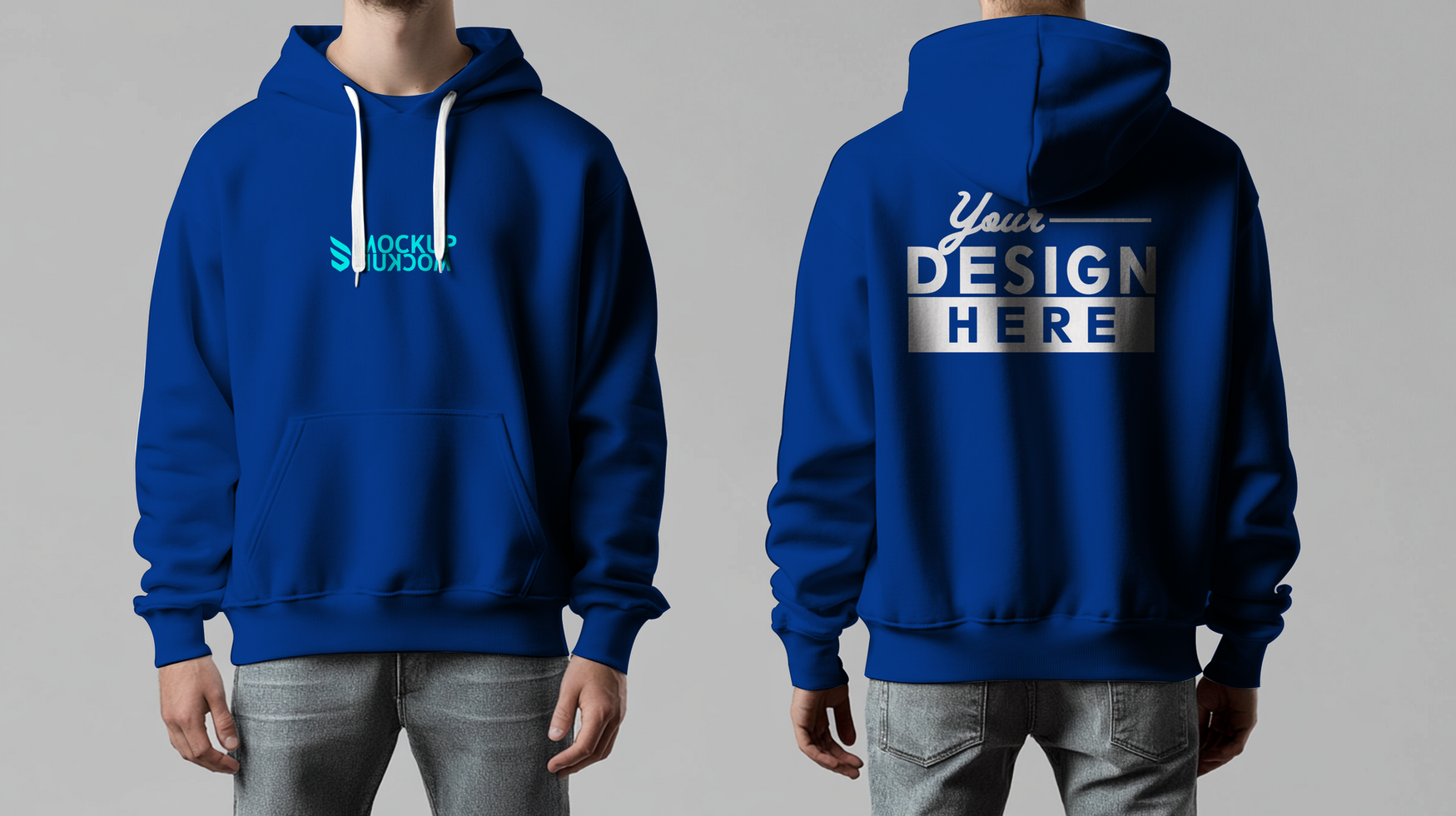 blue front and back hoodie mockup with faceless person model psd