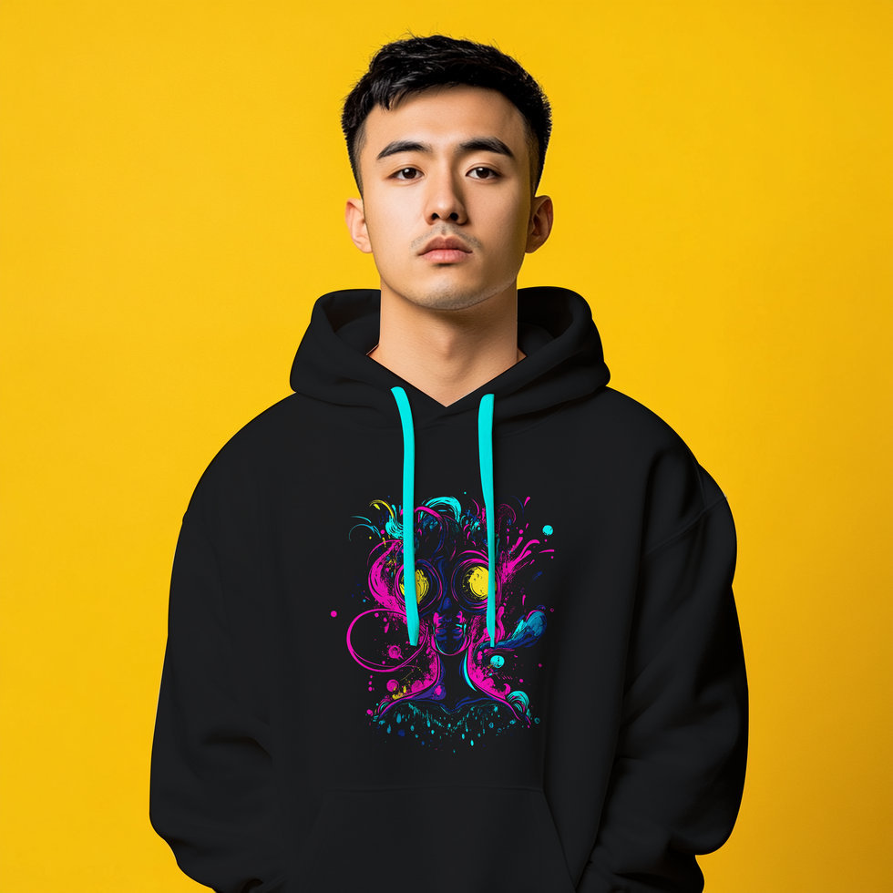 A man wearing a black hoodie with a colorful design psd
