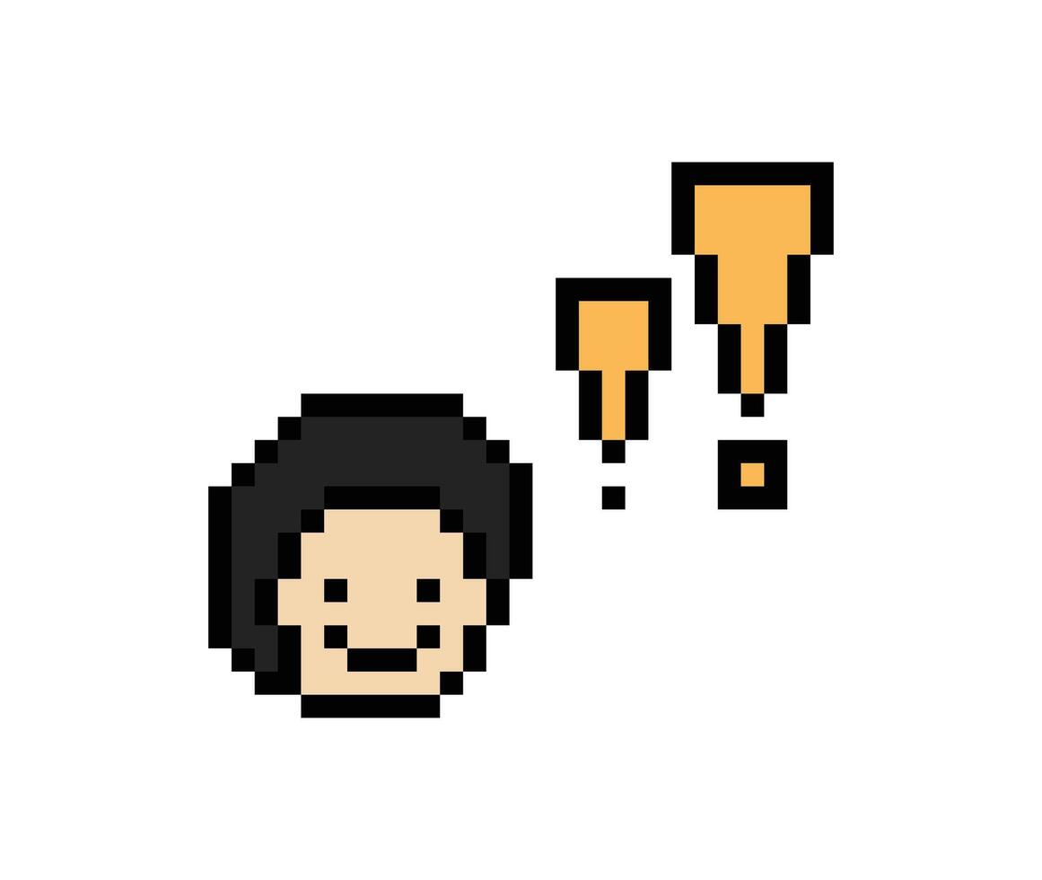 Pixel concept 8 bit man boy or male face surprise notice exclamation mark alert decoration pixel. vector