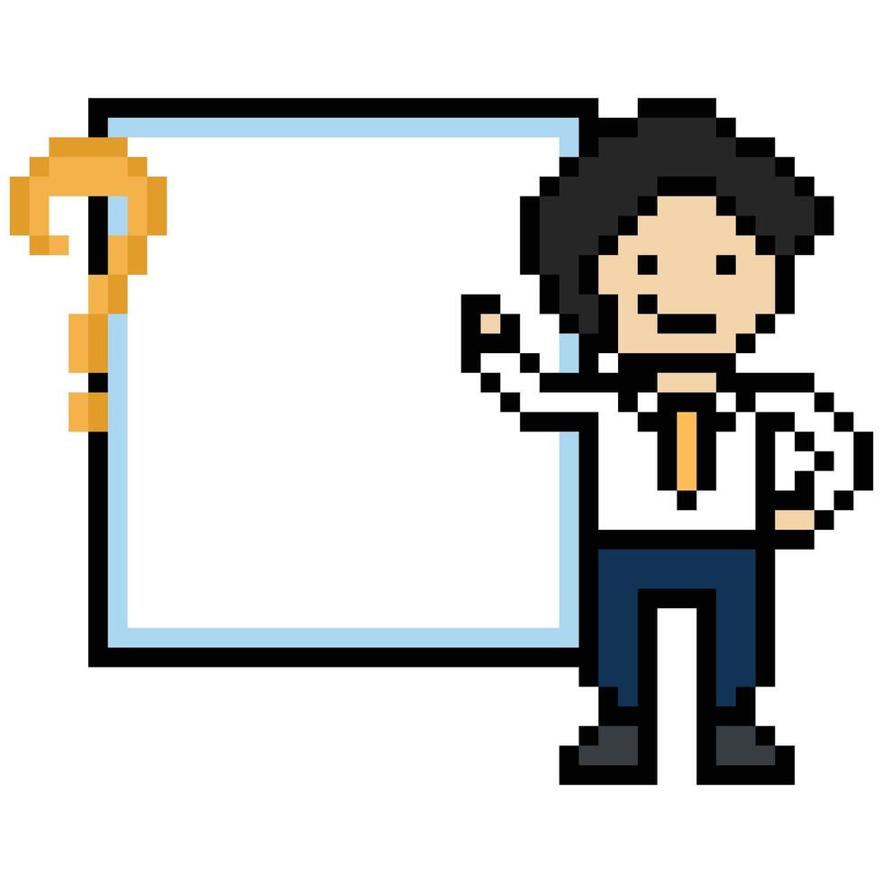 Cartoon pixel art of man male or boy happy smile question mark confuse wonder don't know question 8 bit. vector