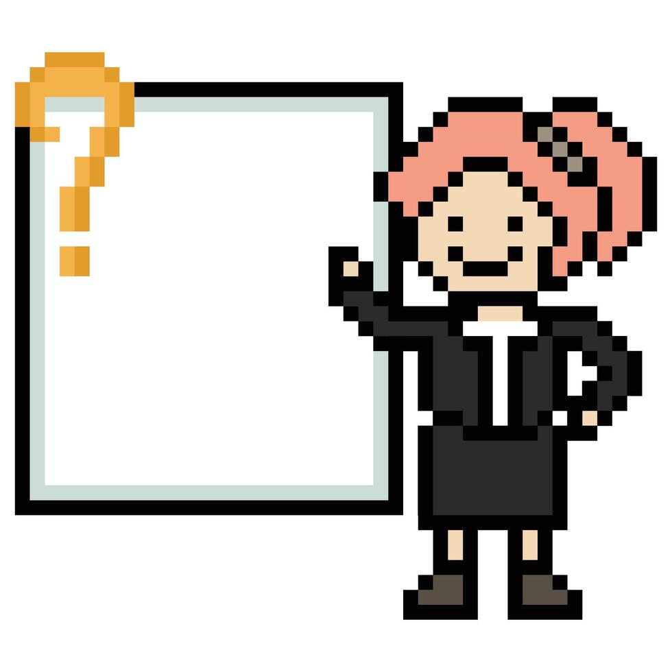 Cartoon pixel art of lady woman female or girl happy smile question mark confuse wonder don't know question 8 bit. vector