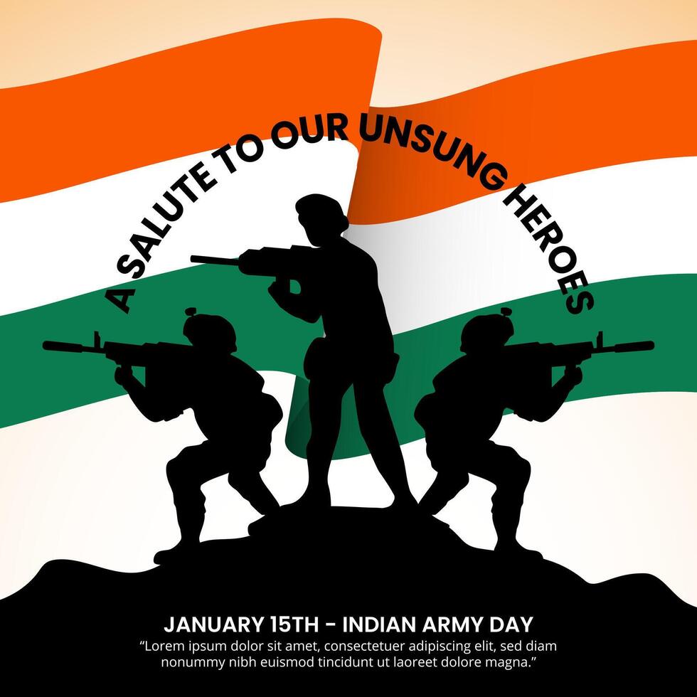 Indian Army Day background with silhouettes of soldiers and a flag vector