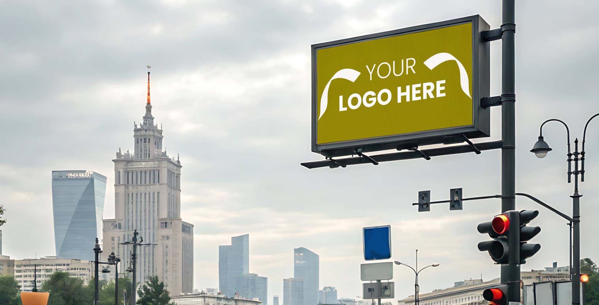 A billboard mockup on a street in front of a city psd