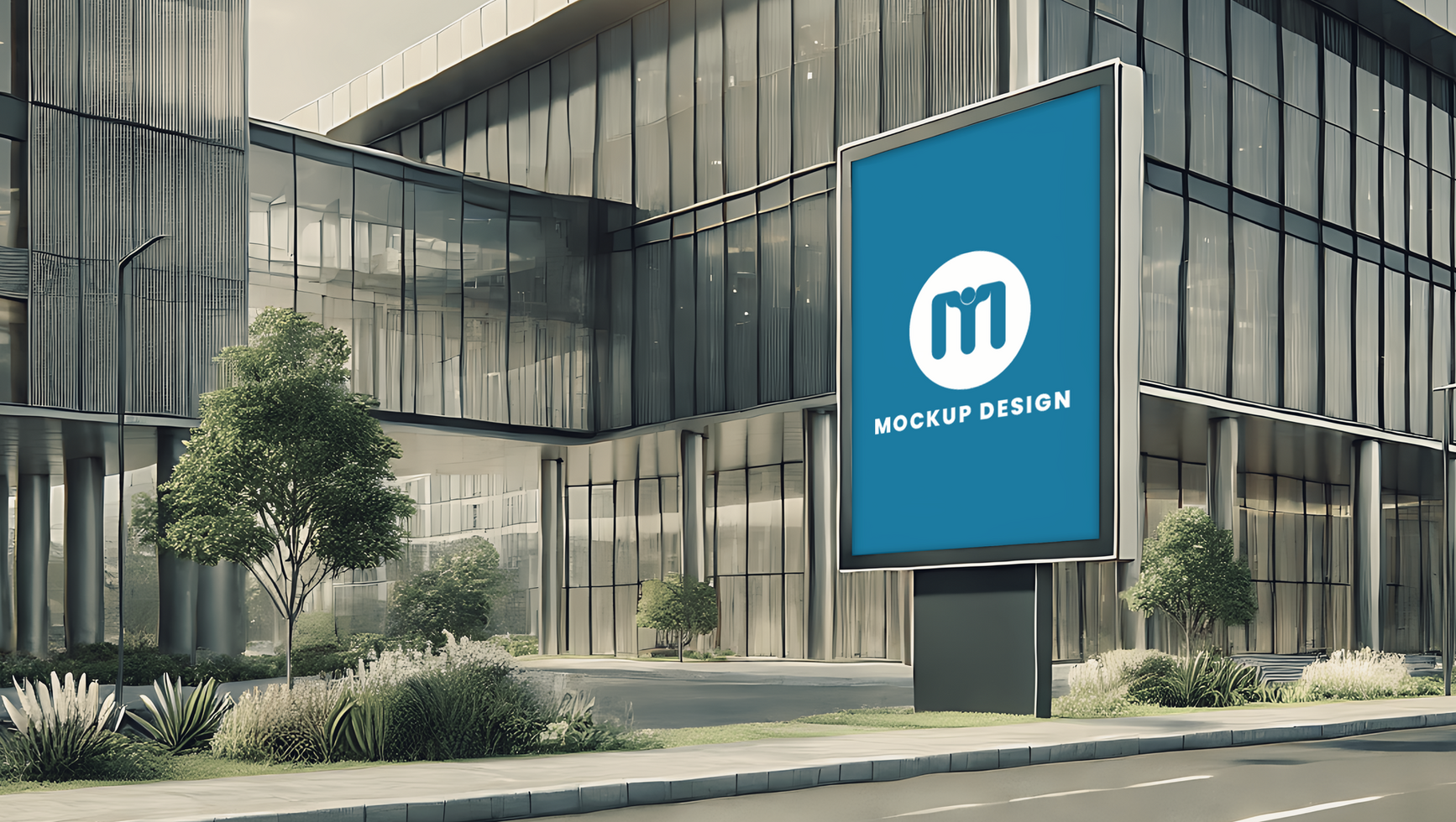 A large billboard with the logo for mercedes-benz in front of a modern building psd